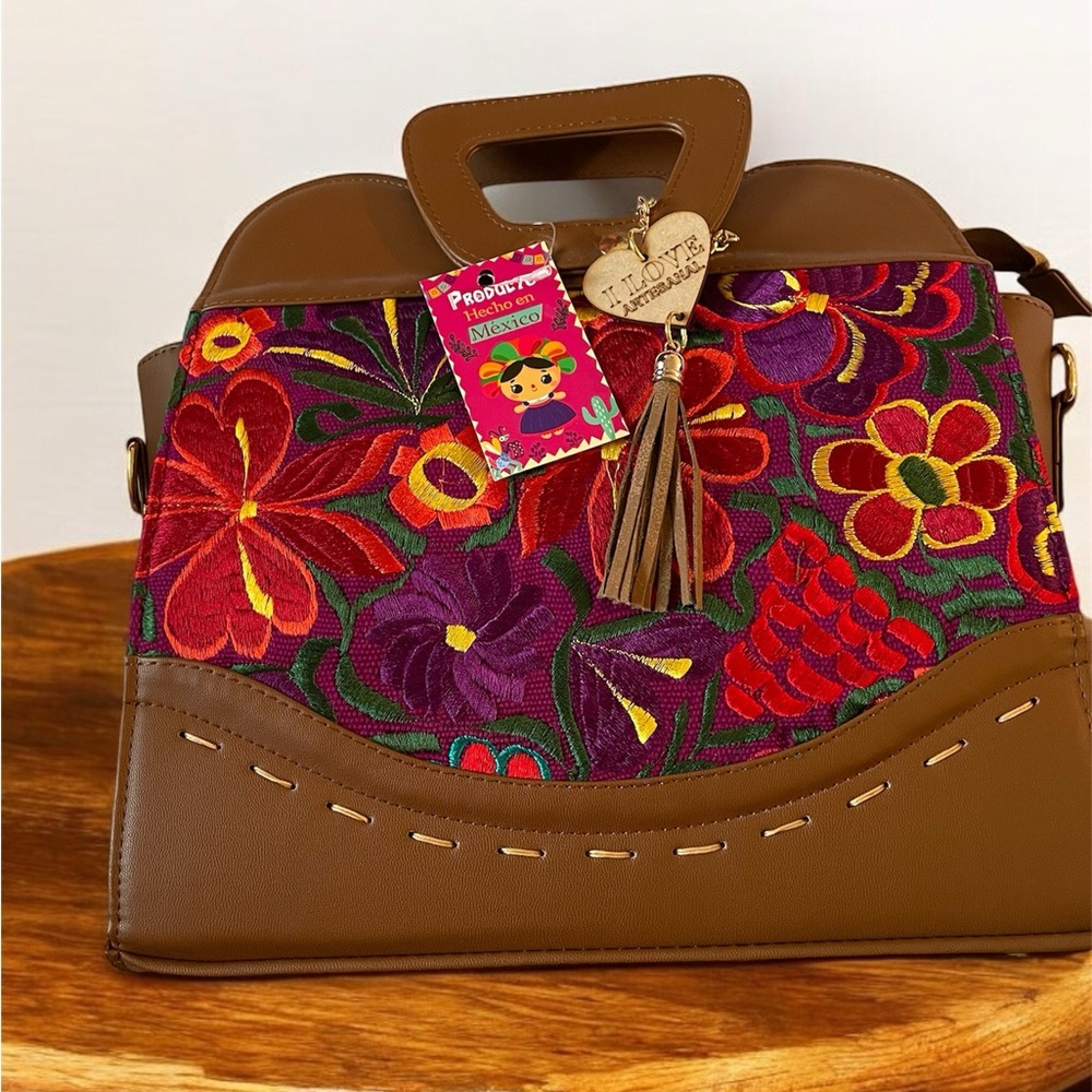Vegan handbag, embroidered handbag, floral bag, women’s bag, light brown bag